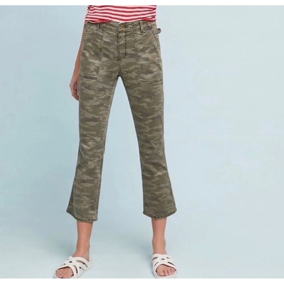 Anthropologie Denim - Anthropologie Womens Camo Cropped Flare Pants 32 Utility Pockets Green